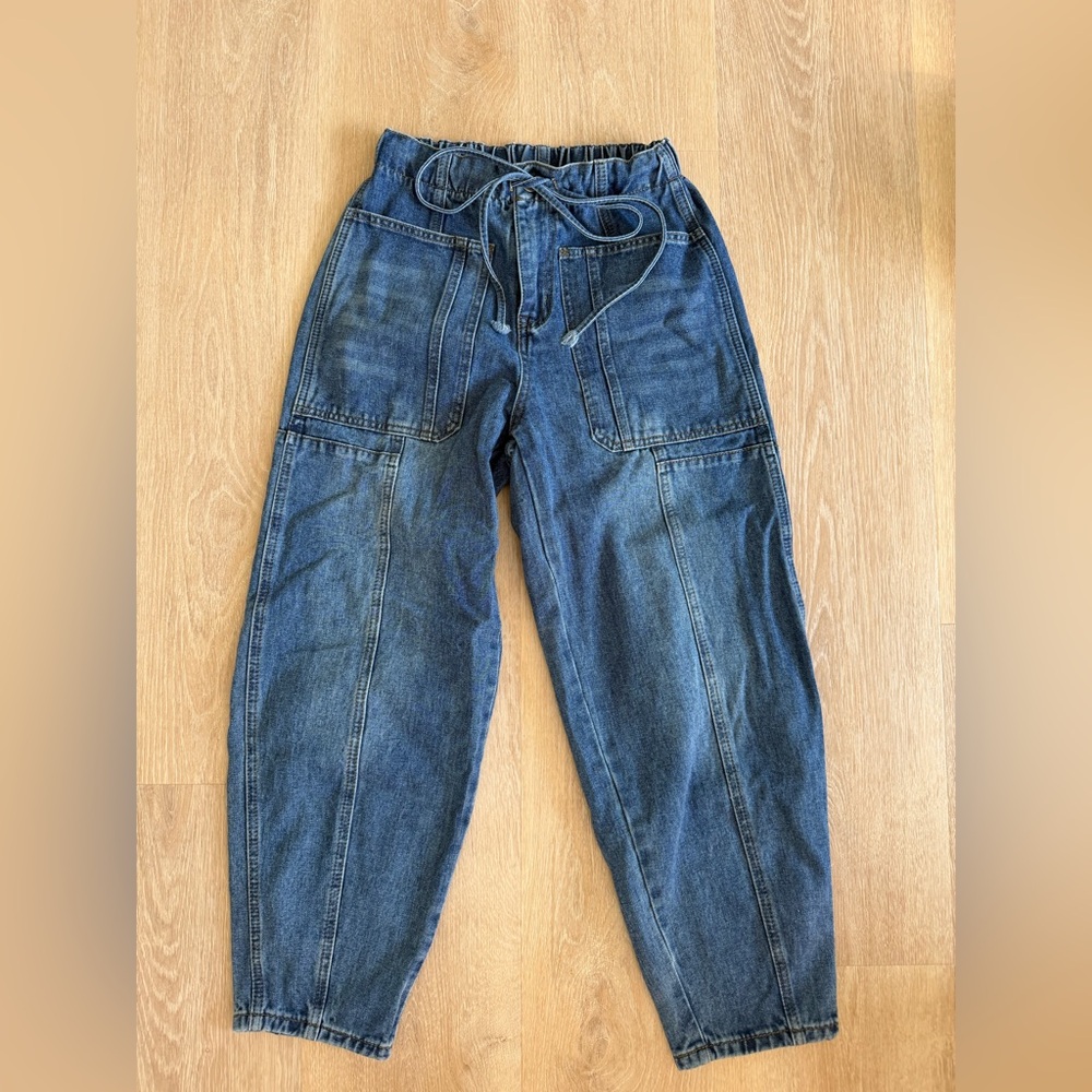 Casual Blue Denim Stretch Waist Barrel Leg Pants Small